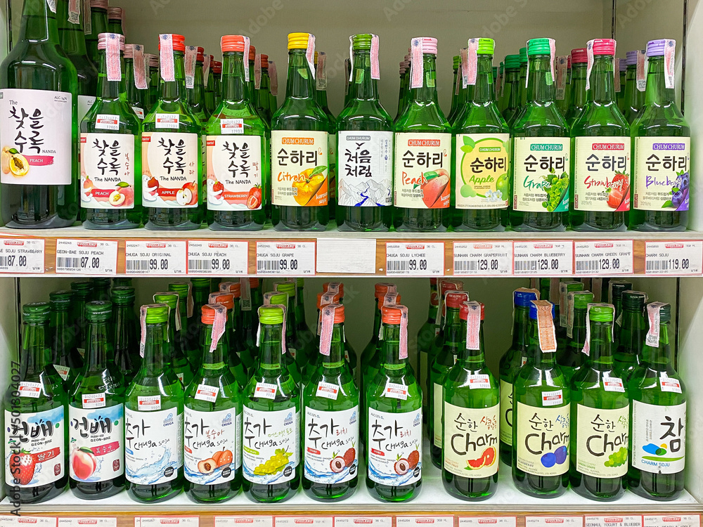 Bangkok Thailand 27 April 2022 Many flavor of Soju on shelf for sale