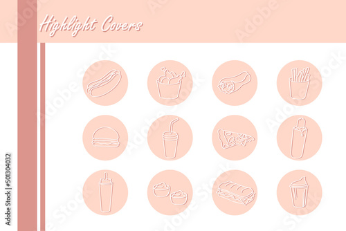 Set of vector icons for highlight covers for fast food blog.