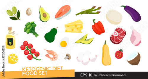Keto foods set. Ketogenic diet basic products in flat cartoon style isolated on white background. Collection of vector illustrations of keto diet food items