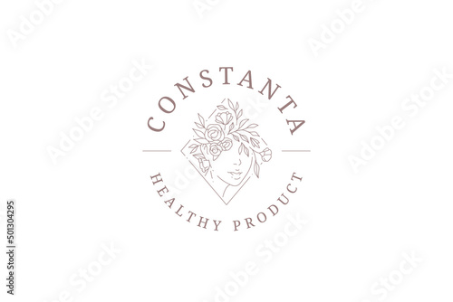 Portrait woman botanical blossom hairstyle stem buds spring organic romantic linear logo vector
