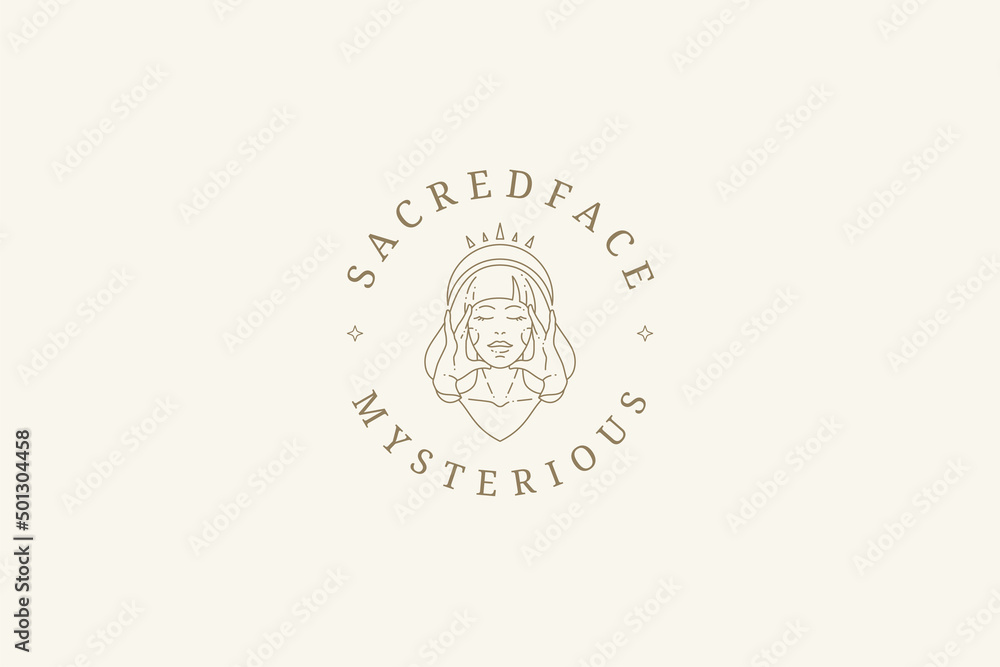 Fototapeta premium Portrait beauty woman queen in crown posing with closed eyes in circle place for text logo vector