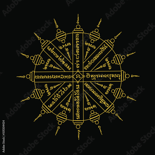 Thai ancient traditional tattoo name in thai language is Itipiso 8 directions. It has properties to protect the wearer from all dangers, especially ghosts.