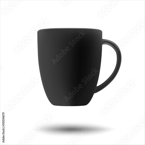 Black coffee or tea cup photo realistic mock up. Branding identity black mug for logo quote placing. Vector illustration.