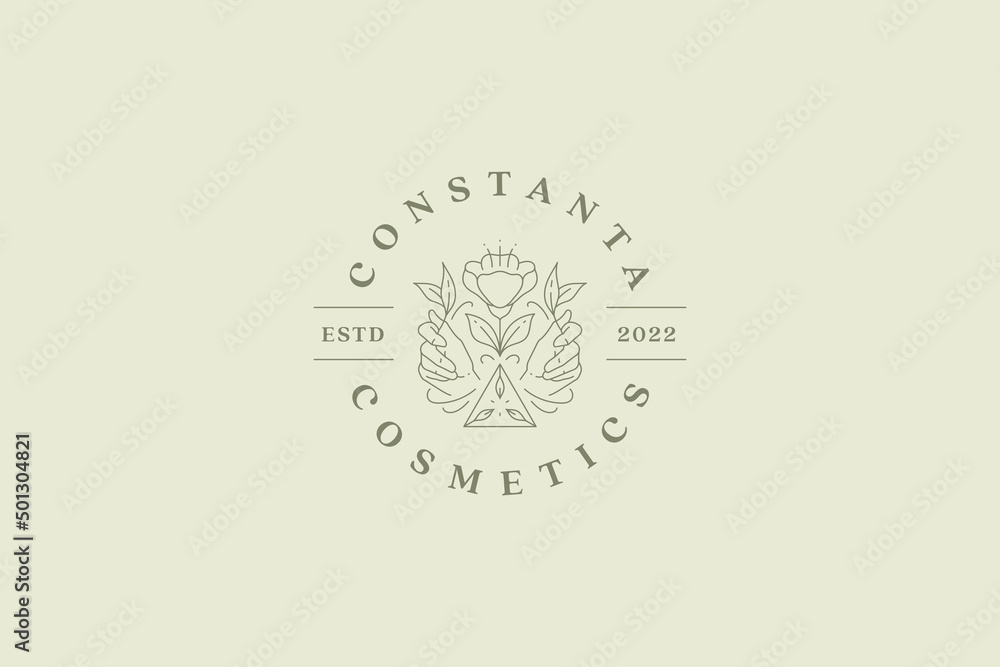 Human hands holding elegant botanical blossom organic flower plant line art logo vector illustration Human hands holding elegant botanical blossom organic flower plant line art logo vector illustration
