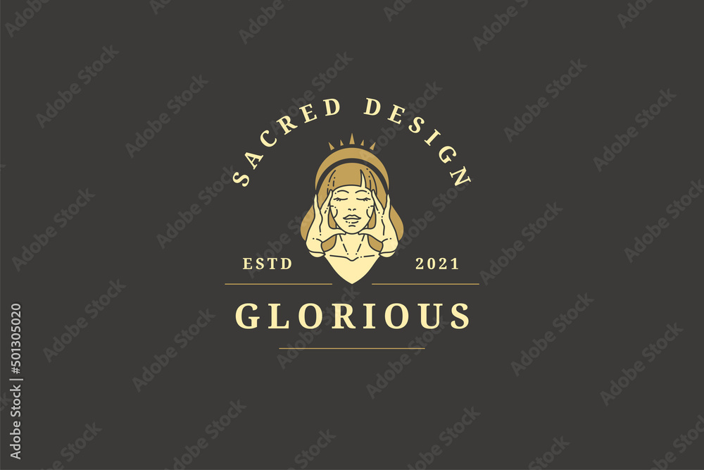 Antique feminine queen tiara portrait posing with closed eyes touching head luxury logo vector Antique feminine queen tiara portrait posing with closed eyes touching head luxury logo vector