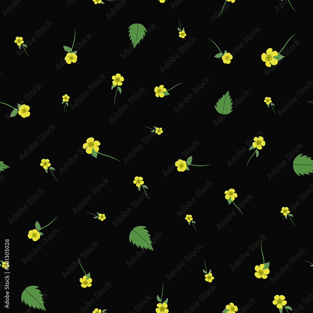 Fototapeta premium Buttercup floral seamless pattern design, black backgound