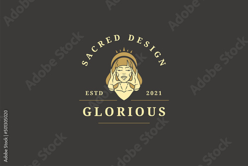 Antique feminine queen tiara portrait posing with closed eyes touching head luxury logo vector