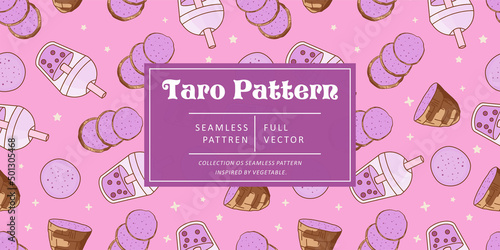 Seamless pattern taro with juice on blue pastel background. Vector illustration.