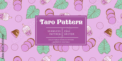 Seamless pattern taro with juice on blue pastel background. Vector illustration.