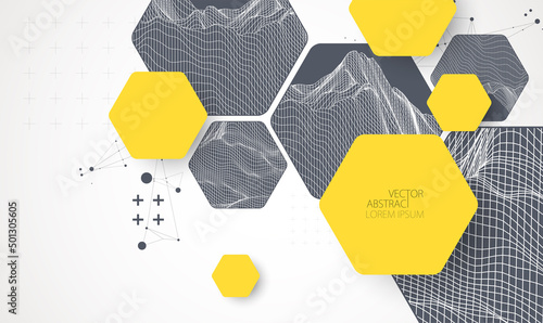 Modern science or technology abstract background using hexagonal shapes. Wireframe spot surface illustration. Vector. photo