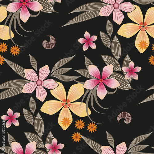 Vector seamless floral pattern. Bright decorative flowers on a black background for the design of textiles, wallpapers, wrapping paper