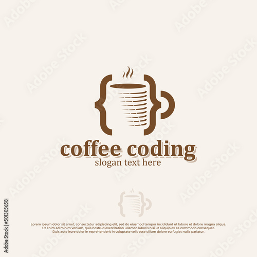 Code Logo, Coding icon with coffee cup illustration, coffee cup Hand drawn engraving style design.