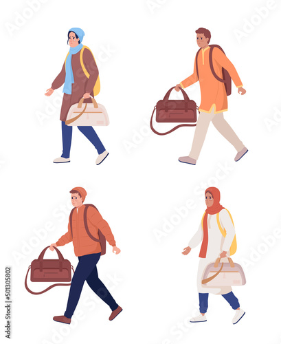 Adult refugees running away semi flat color vector character set. Distressed figures. Full body people on white. Simple cartoon style illustration collection for web graphic design and animation