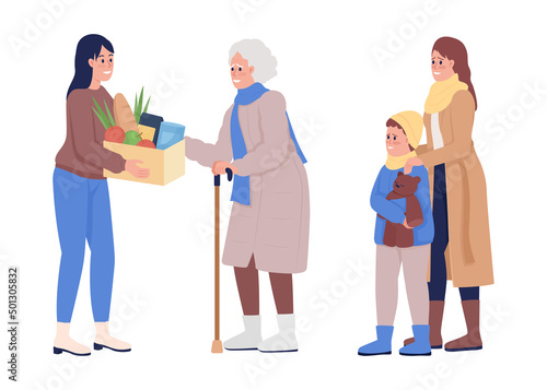 Family of refugees getting humanitarian aid semi flat color vector characters. Standing figures. Full body people on white. Simple cartoon style illustration for web graphic design and animation