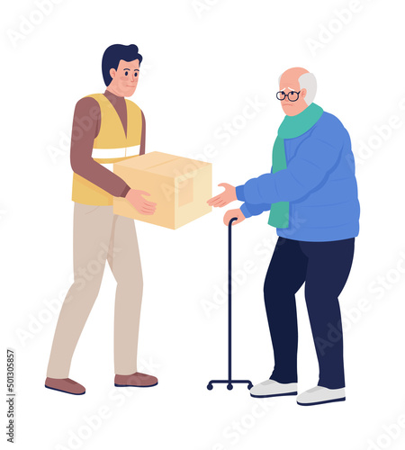 Old man getting humanitarian aid from volunteer semi flat color vector characters. Standing figures. Full body people on white. Simple cartoon style illustration for web graphic design and animation