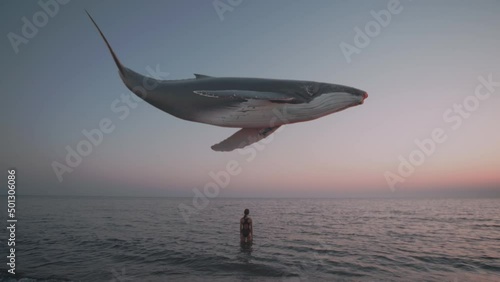 Girl watches humpback whale flying above the sea. Mystical, fantasy, dream scene, a spirit animal or creative illustration for ecology and extinction topics. Cinematic quality looping animation. photo