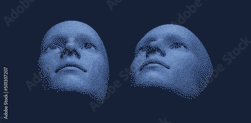 Two faces are looking at something. Technology and robotics concept. Design for business presentations, flyers or posters. 3D vector illustration.