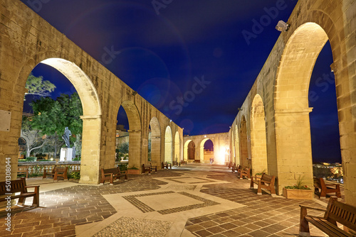 Lower Barrakka Gardens in Valletta in Malta illuminated at night

