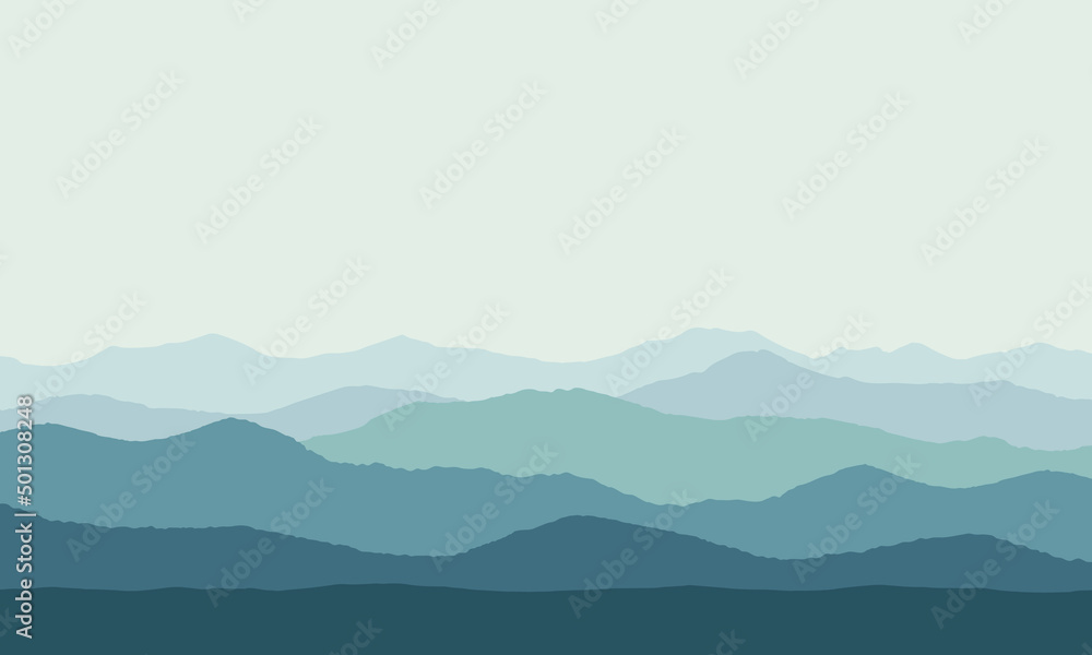 Mountain landscape graphic picture. Realistic view hills and sky. Background with space for text. Vector illustration