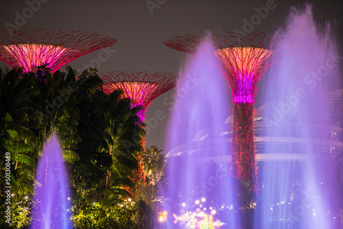 Singapore City, Singapore - September 11,2019: Night view of Gardens by the Bay a nature park in Singapore City.