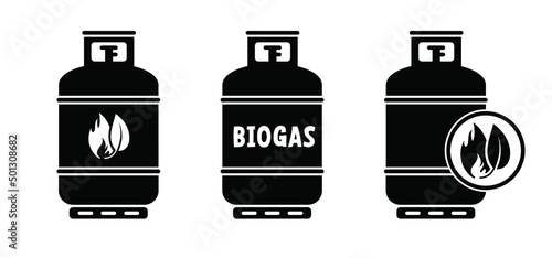Cartoon propane bio gas cylinder with fire flame icon or logo. Vector gas cannister symbol. LPG tank or container for propane bottles. Oxygen biogas cylinder. fuel storage bottle. Natural energy. Sign