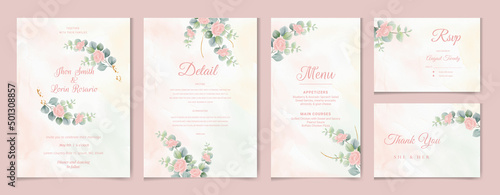 Wedding invitation card template set with watercolor and floral decoration. Flowers illustration for save the date, greeting, poster, and cover design  Abstract Background, rsvp and Instagram  story.