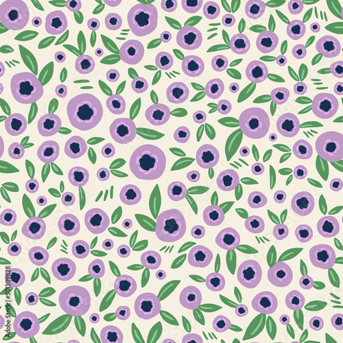 Botany berries with leaves seamless repeat pattern. Random placed, vector floral all over surface print on white background.