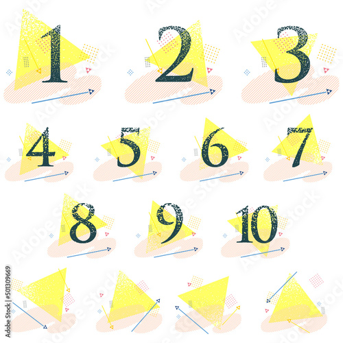 かすれ加工の数字と幾何学図形の背景 数字セット ベクターイラスト 
