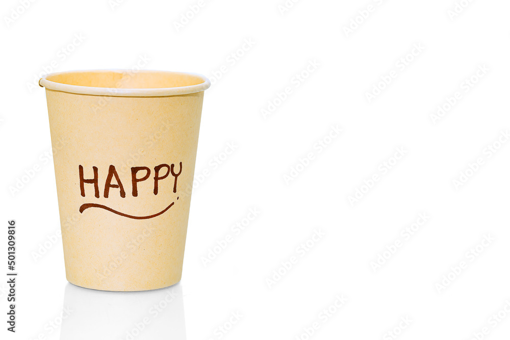 A Happy brown paper drink cup isolated on white background. Environment friendly concept. A Happy brown paper drink cup isolated on white background. Environment friendly concept.