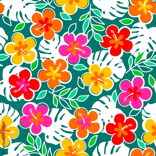 Colorful hand drawn hibiscus flower with tropical leaf seamless pattern for summer holidays background.