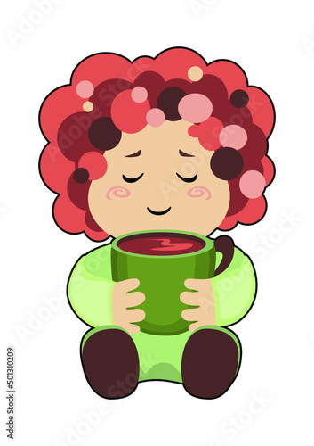 A simple drawing of a sitting curly-haired baby boy clutching a mug of warm drink on a white background.