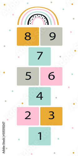 Hopscotch children game . Cute vector illustration of a summer kids outdoor game. Cartoon hopscotch painted on asphalt for a baby. Jumping game. Play Mat nursery.