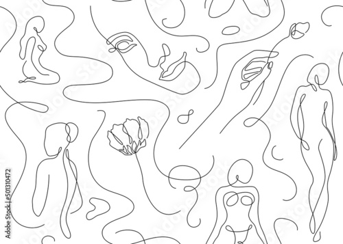 Line art woman, body female outline silhouette vector seamless pattern background. Feminine faces, different figure poses in modern simple style, with hand and flowers. Beauty and fashion concept