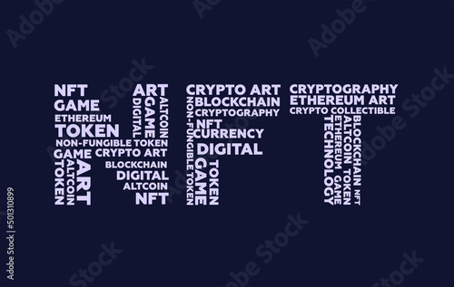 Vector illustration of a non fungible token. NFT background. Digital technology concept. Crypto art. The word NFT is made up of words