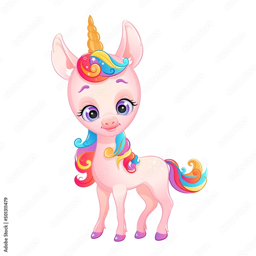Cartoon pink unicorn with rainbow hair and horn. Cute fairy tale ...