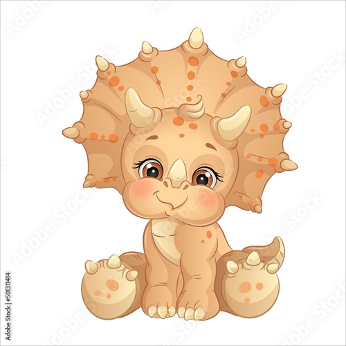 Cartoon baby dinosaur, cute triceratops vector illustration.