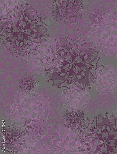 Vertical illustration, pink and purple mandala flowers on gray background