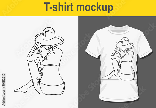 Graphic t-shirt design,Back view of a beautiful slender young woman. She laid her hands on her hat-continuous line drawing ,vector illustration for t-shirt.