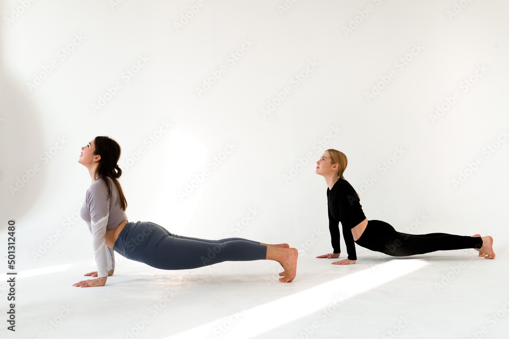 Fototapeta premium two young women practicing yoga white background