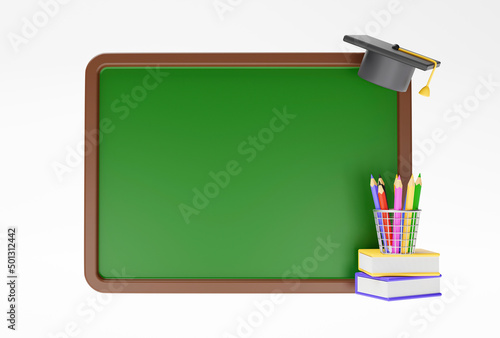 Blackboard or chalkboard and pencil stationery school education concept banner cartoon on white background 3d illustration