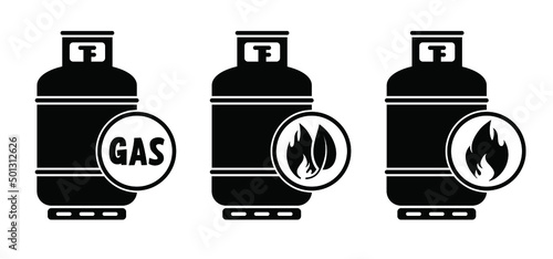 Cartoon propane bio gas cylinder with fire flame icon or logo. Vector gas cannister symbol. LPG tank or container for propane bottles. Oxygen biogas cylinder. fuel storage bottle. Natural energy. Sign