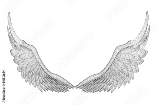 Wireframe of unfolded angel wings from black lines isolated on white background. 3D. Vector illustration
