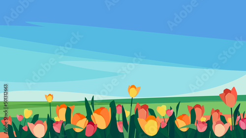 Tulips of different colors on the meadow. Beautiful nature landscape.