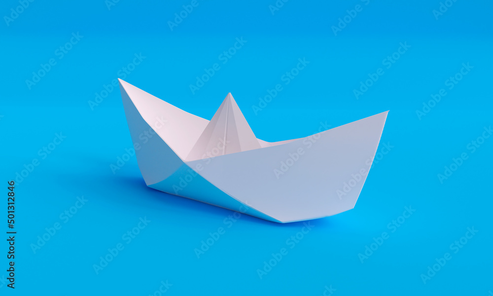 Obraz premium 3D illustration, white folded paper boat, on blue background, 3d rendering