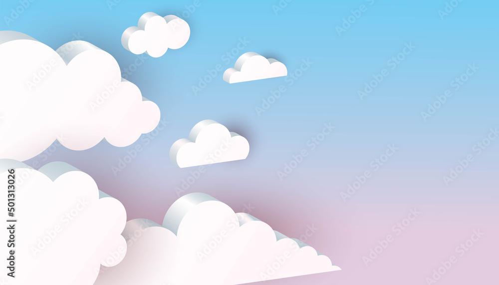 3D clouds background. White geometric shapes in blue sky, web internet symbol, meteorology climate, decorative backdrop, horizontal poster or banner with copy space, vector isolated illustration