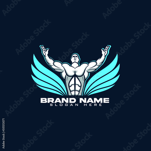 Bodybuilder with wings, fitness, gym, and bodybuilding vector.