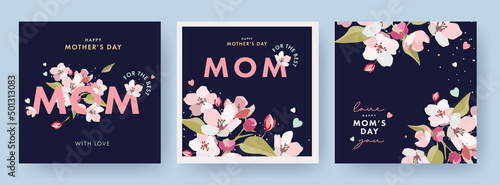 Mother's day design Set in modern art style. Abstract background with hand drawn spring flowers in pastel colors and trendy typography on dark blue. Mothers day templates for card, cover, web banner