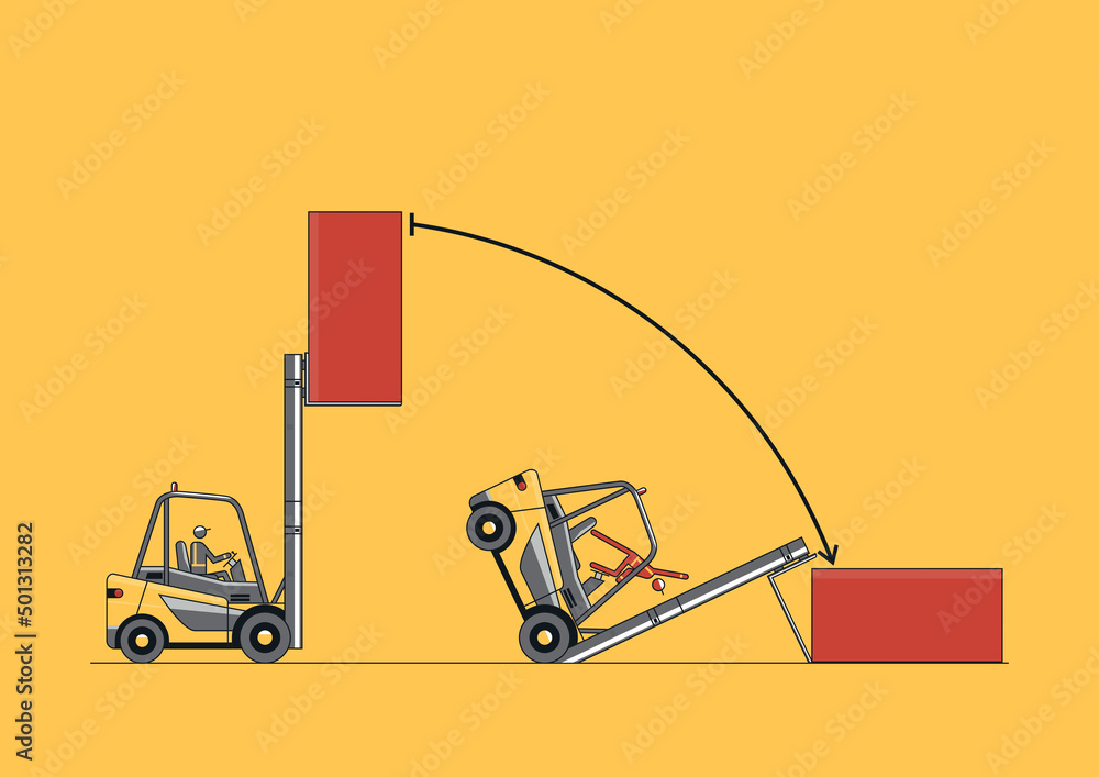Tipping forklift accident. Flat line vector design of forklift with the operator and load. Stock