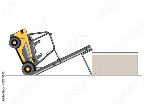 Tipping forklift accident. Flat line vector design of forklift with the operator and load.