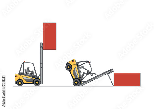 Tipping forklift accident. Flat line vector design of forklift with the operator and load.